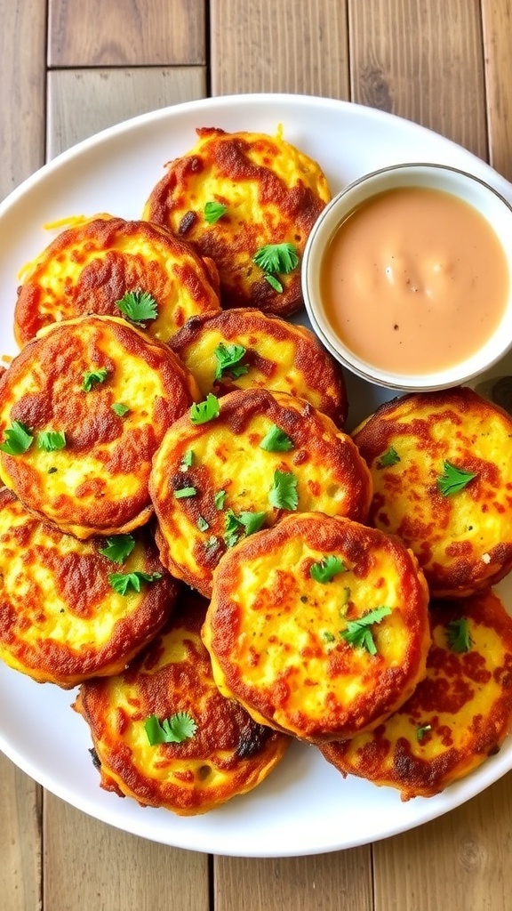 Crispy zucchini fritters garnished with herbs on a plate with dipping sauce.
